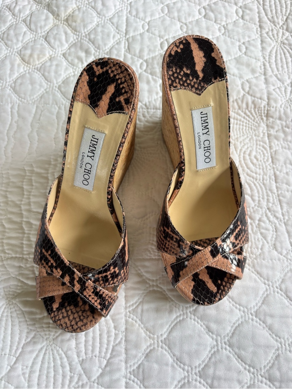 Jimmy Choo Almer Tan & Black Snake-Print Wedge Mules EU Size 38 US 8 -Runs small